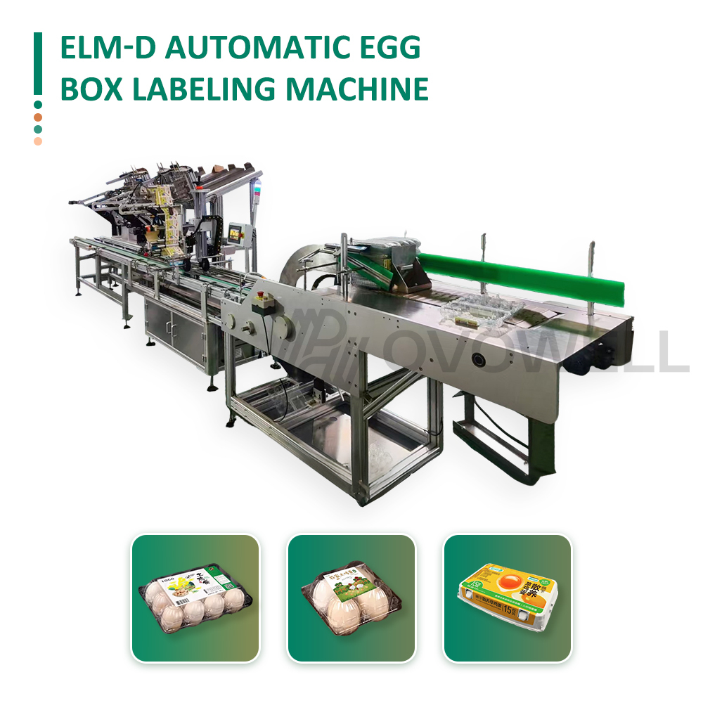 OVOWELL automatic egg carton labeling machine applying a top-corner label