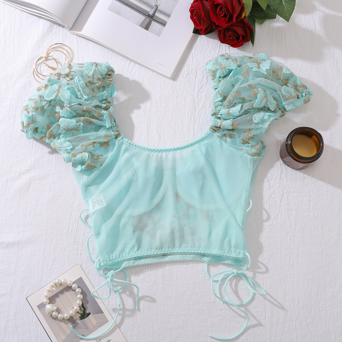 Fairy Blossom Embroidered Corset Lingerie Set