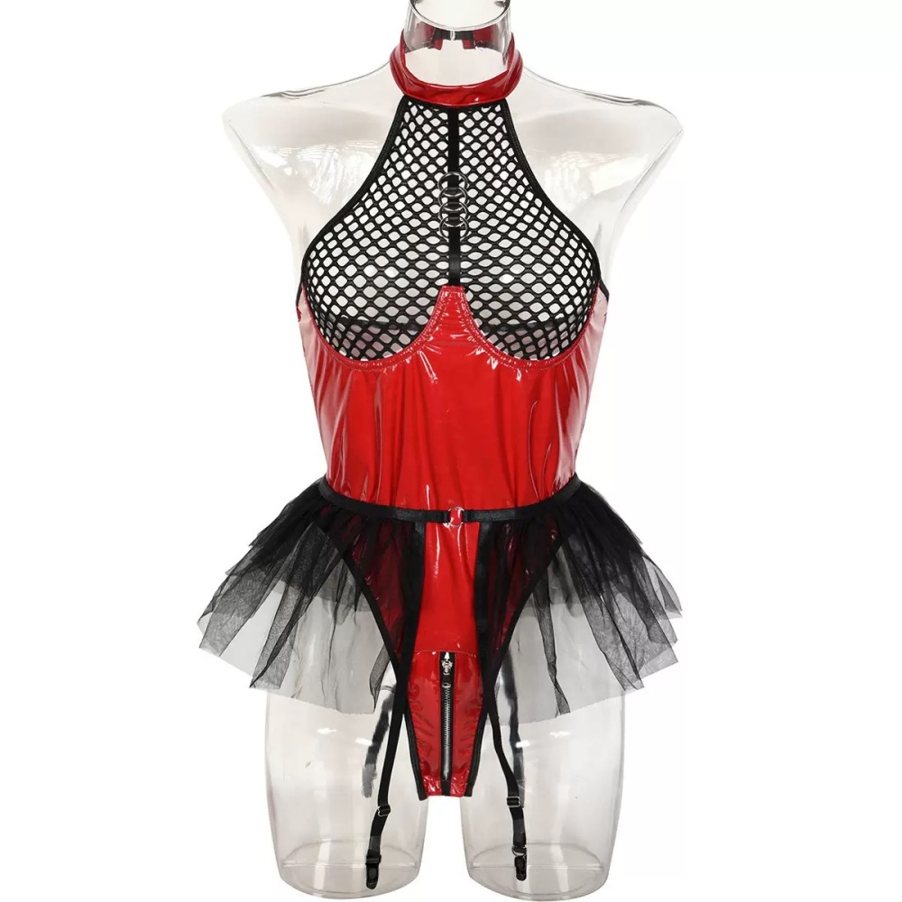 XOXO Luxe Fetish Mesh & Vinyl Bodysuit – High Neck Fishnet Teddy with Tulle Skirt & Garters