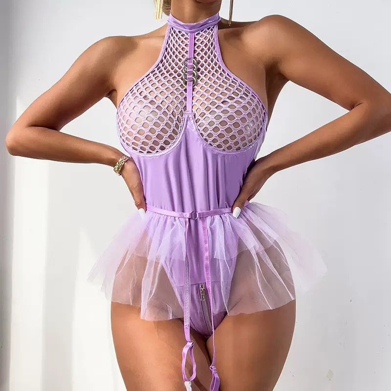 XOXO Luxe Fetish Mesh & Vinyl Bodysuit – High Neck Fishnet Teddy with Tulle Skirt & Garters