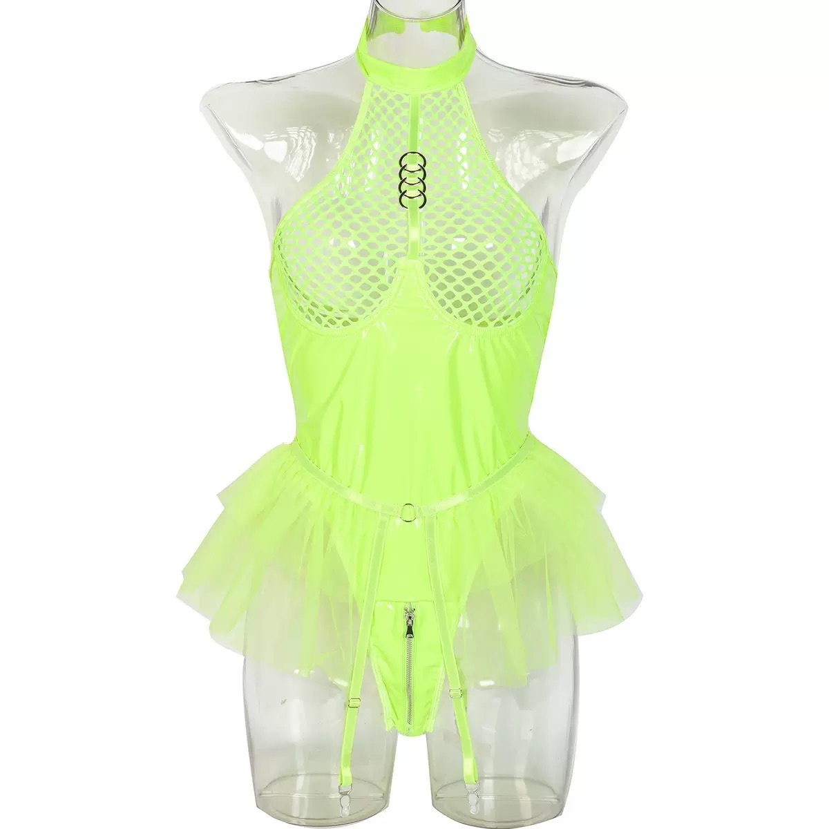 XOXO Luxe Fetish Mesh & Vinyl Bodysuit – High Neck Fishnet Teddy with Tulle Skirt & Garters