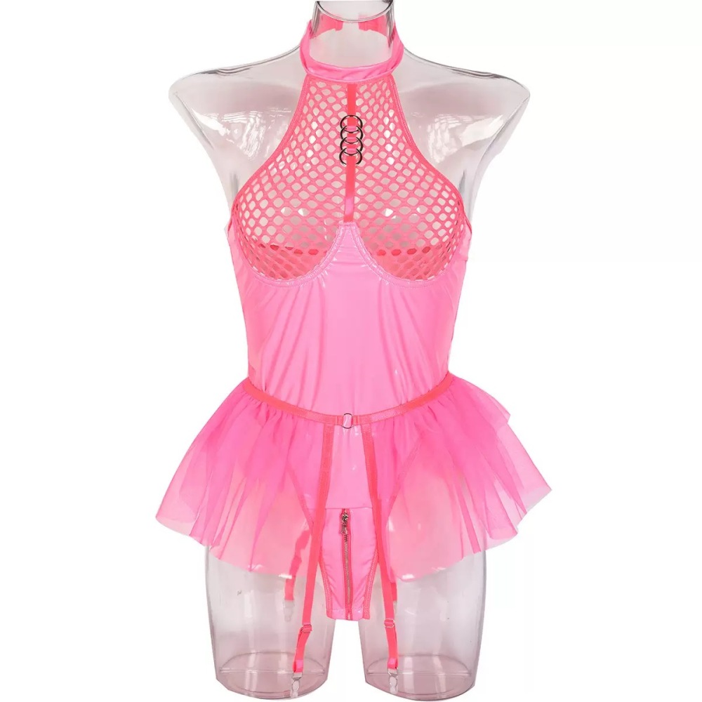 XOXO Luxe Fetish Mesh & Vinyl Bodysuit – High Neck Fishnet Teddy with Tulle Skirt & Garters