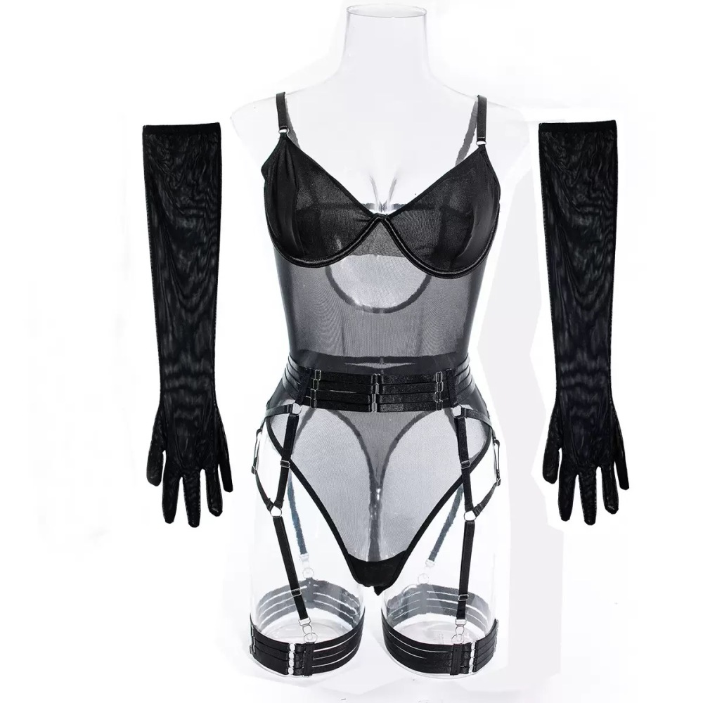 Sheer Mesh Sculpting Bodysuit Set with Garters & Gloves – Sexy Transparent Lingerie 3-Piece Set
