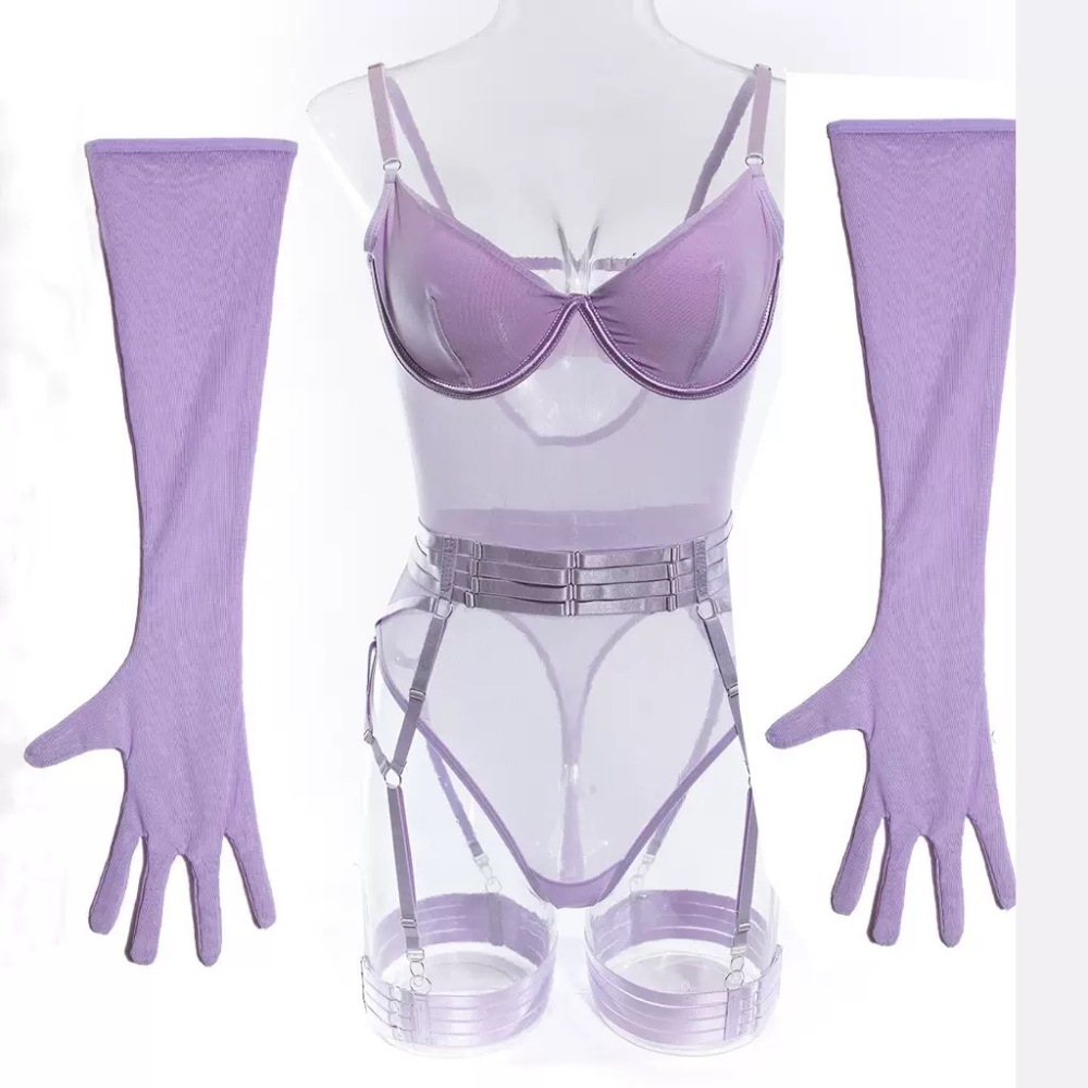 Sheer Mesh Sculpting Bodysuit Set with Garters & Gloves – Sexy Transparent Lingerie 3-Piece Set