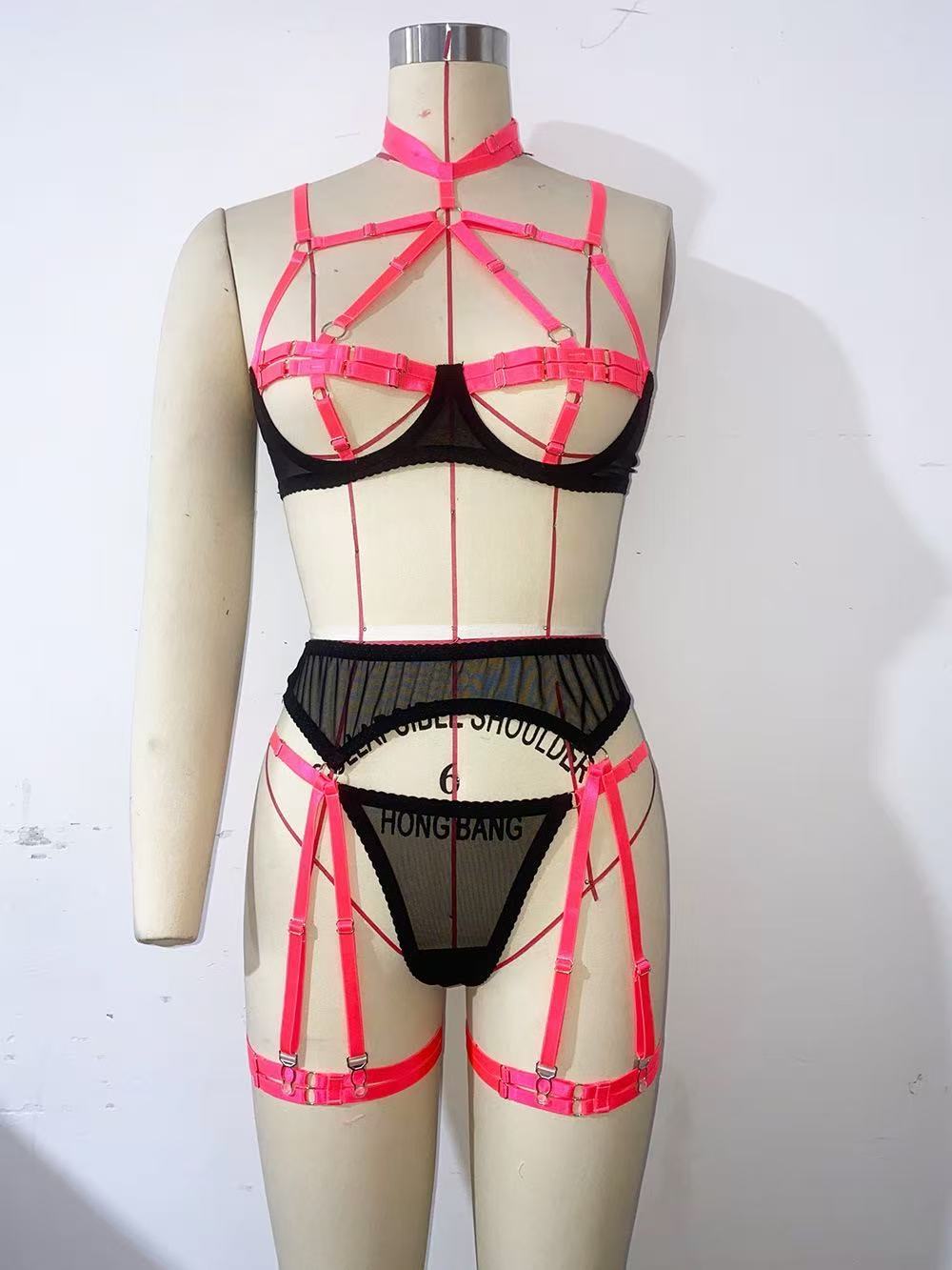 XOXO Strappy Harness Lingerie Set with Choker & Garter – Sculpting Body Cage Set