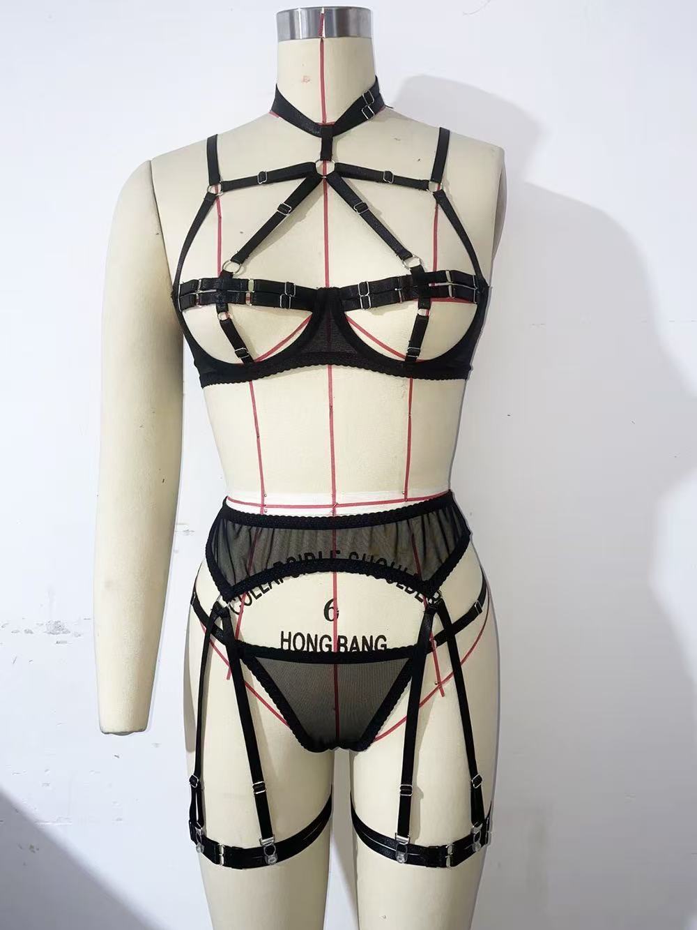 XOXO Strappy Harness Lingerie Set with Choker & Garter – Sculpting Body Cage Set