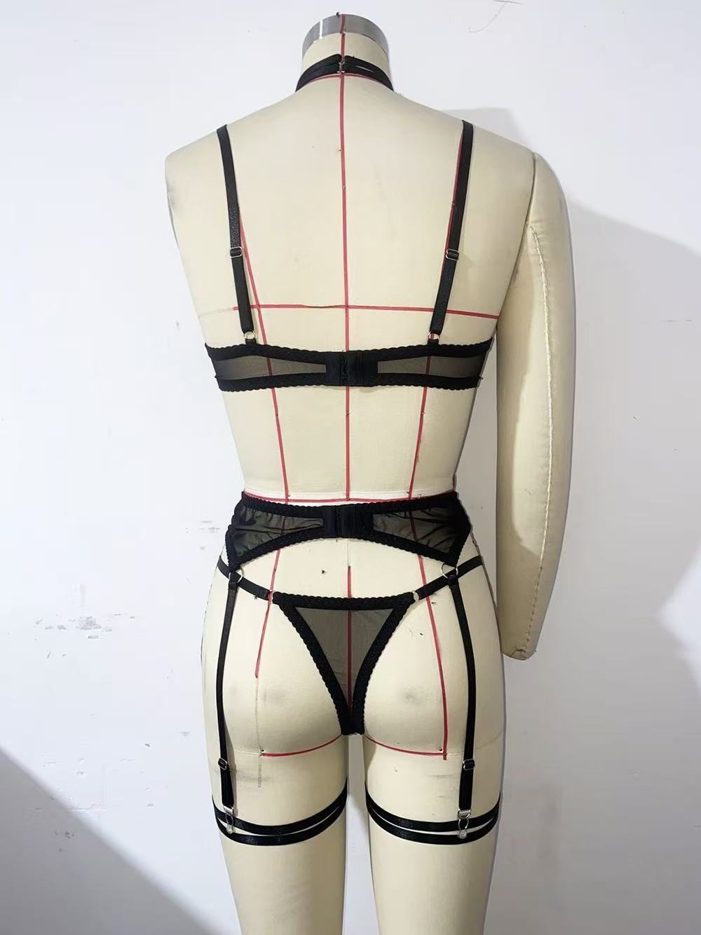 XOXO Strappy Harness Lingerie Set with Choker & Garter – Sculpting Body Cage Set