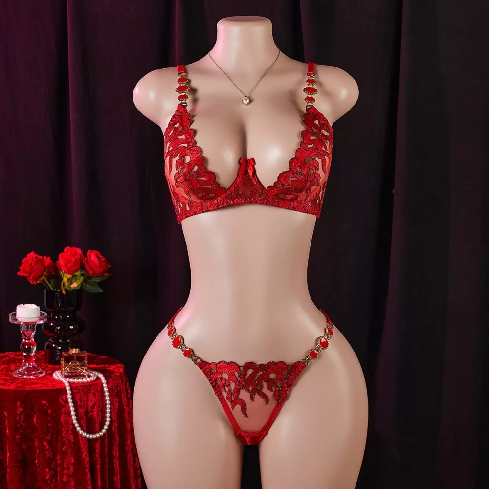 XOXO Chinese Red Embroidered Lingerie Set – Limited Edition Sheer Lace Intimate Set — Desire in Red.