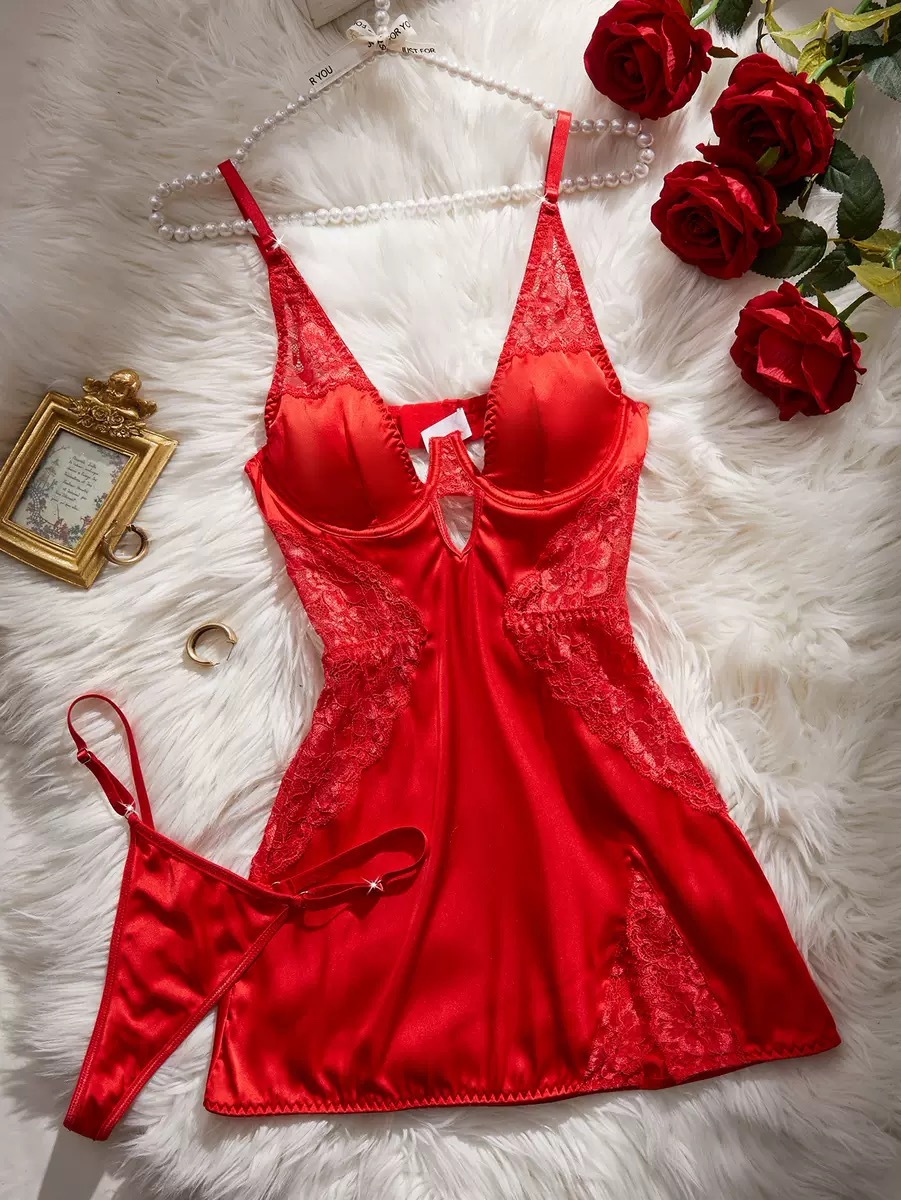 French Lace Open Bust Satin Nightdress | Deep V Push-Up Slip with High Slit & Thong Set