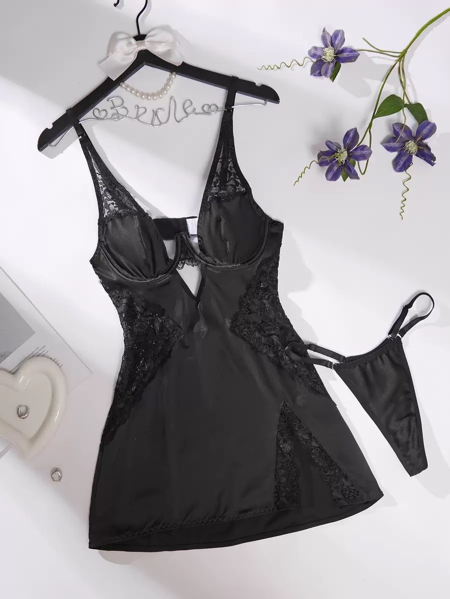 French Lace Open Bust Satin Nightdress | Deep V Push-Up Slip with High Slit & Thong Set