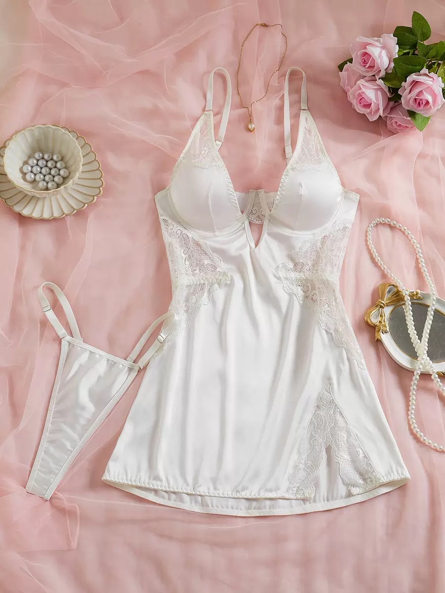 French Lace Open Bust Satin Nightdress | Deep V Push-Up Slip with High Slit & Thong Set