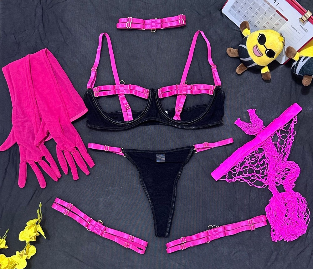 Hot Pink & Black Strappy Mesh Lingerie Set – Ultra Seductive Harness Style