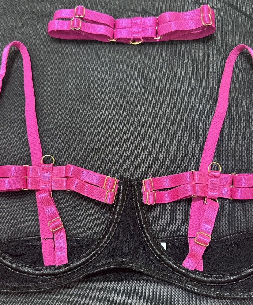 Hot Pink & Black Strappy Mesh Lingerie Set – Ultra Seductive Harness Style