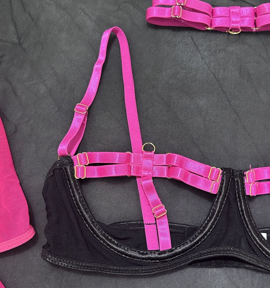 Hot Pink & Black Strappy Mesh Lingerie Set – Ultra Seductive Harness Style