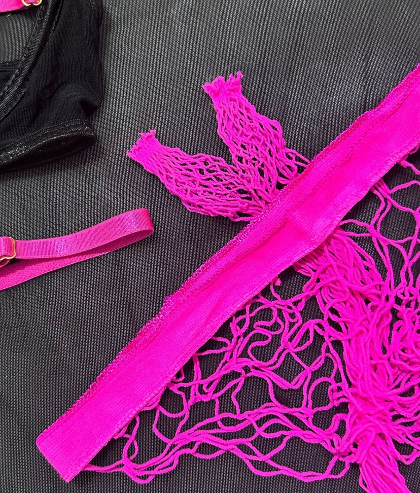 Hot Pink & Black Strappy Mesh Lingerie Set – Ultra Seductive Harness Style