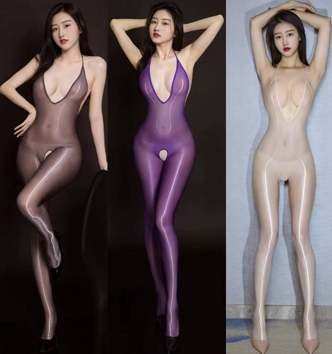 Glossy Temptation Open-Crotch Bodystocking – Ultra Shiny Full-Body Mesh Lingerie (3-Color Set Available)