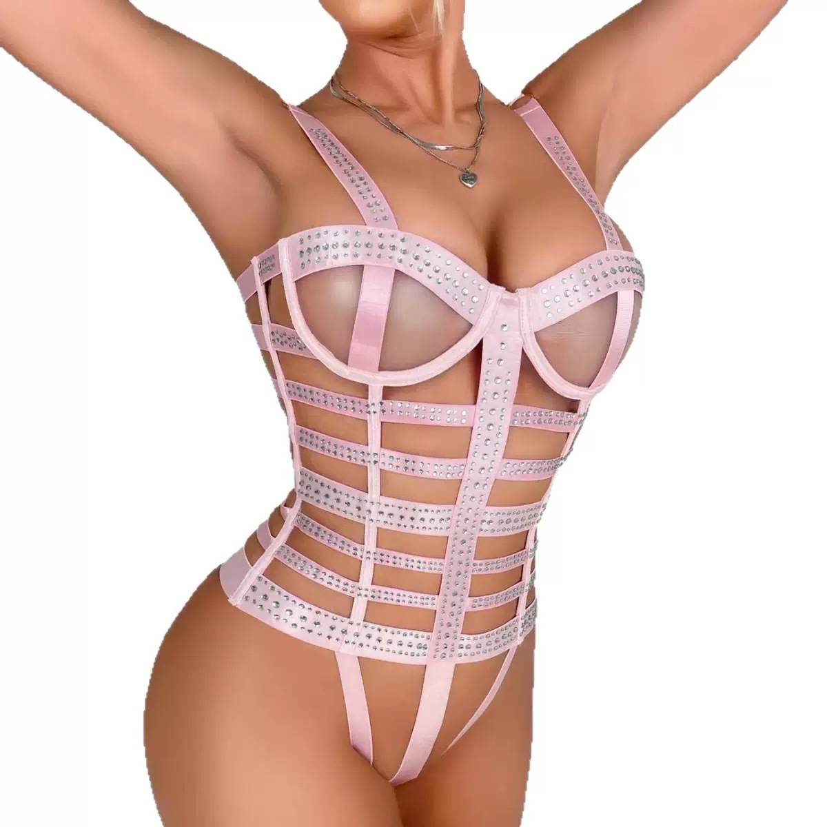Rhinestone Strap Lingerie Bodysuit | Sexy Bandage Corset Teddy