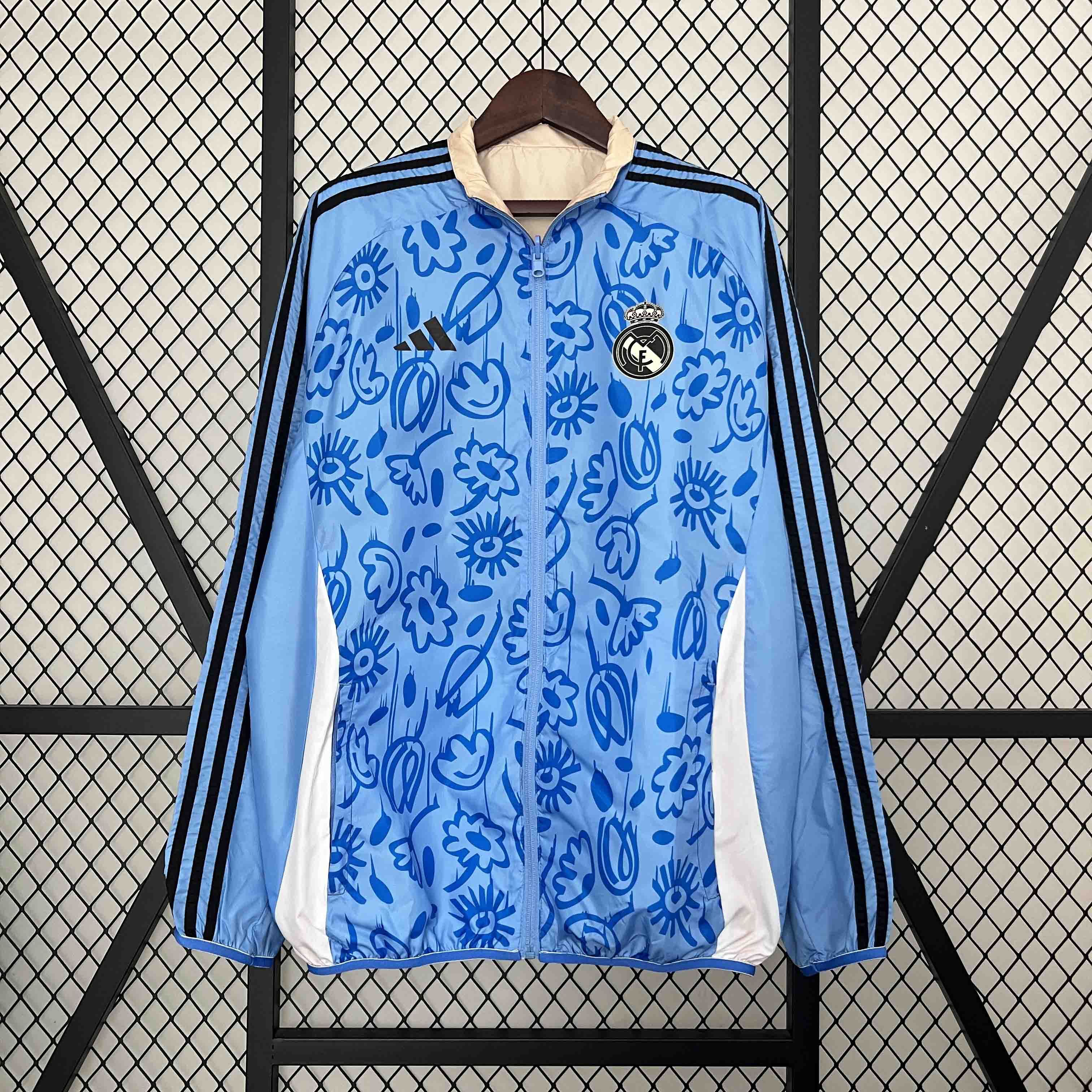 Real Madrid Blue&Beige Trench Coat Reversible Windbreaker Jacket 2024