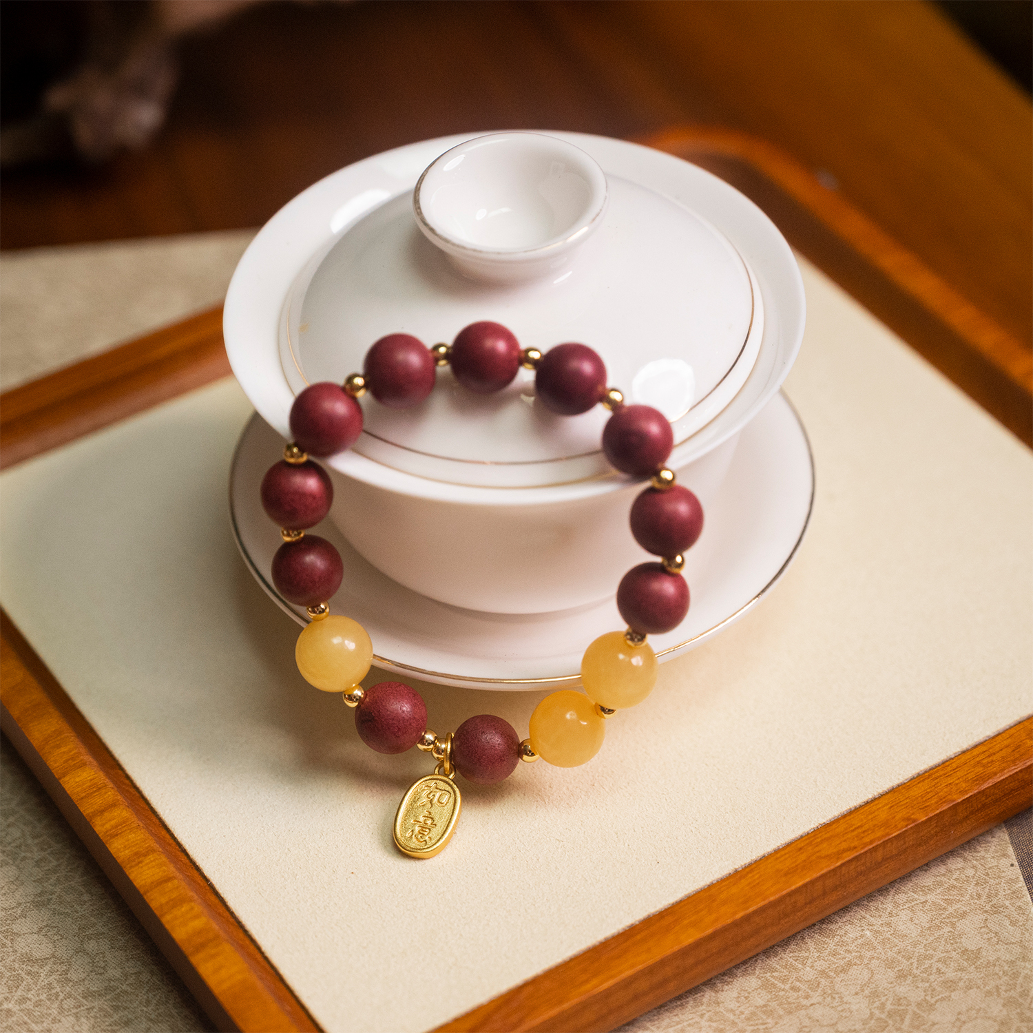 Golden Harmony Incense Bead Bracelet with Yellow Calcite & Fortune Charm