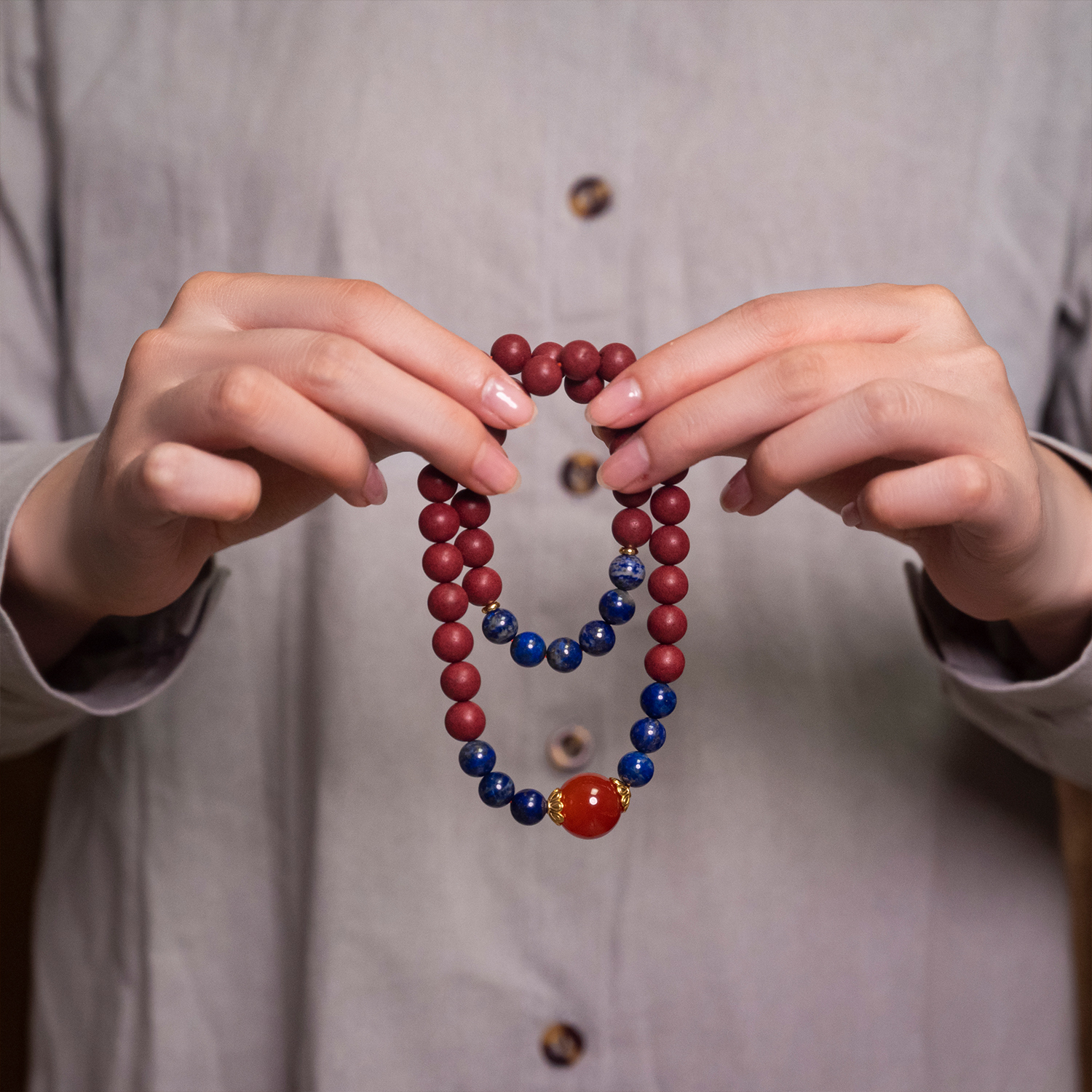 Blue Lapis Aroma Bracelet – “Red Agate Embrace”