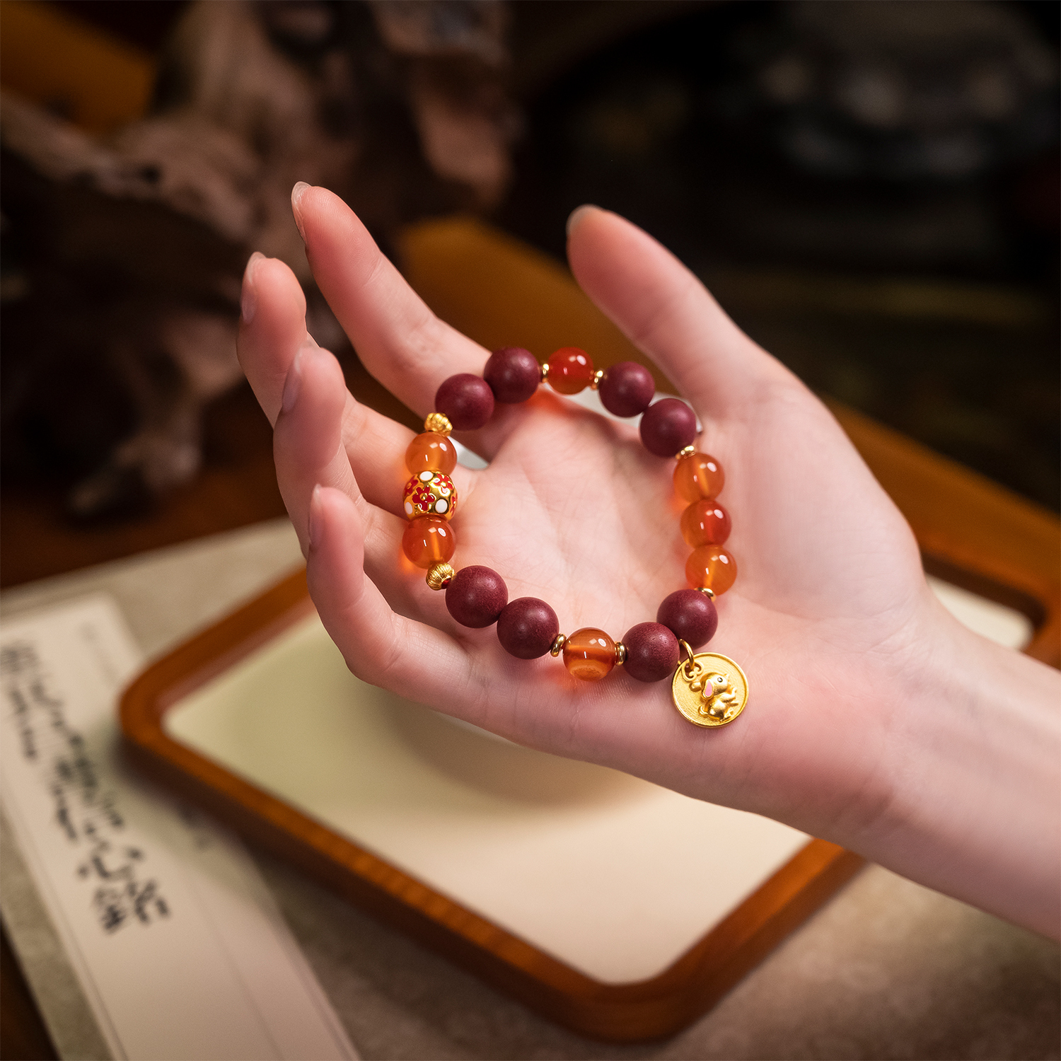 Aromatic Agate Fortune Bracelet – Zodiac Amulet Incense Beads with Red Agate & Gold Blessing Charm