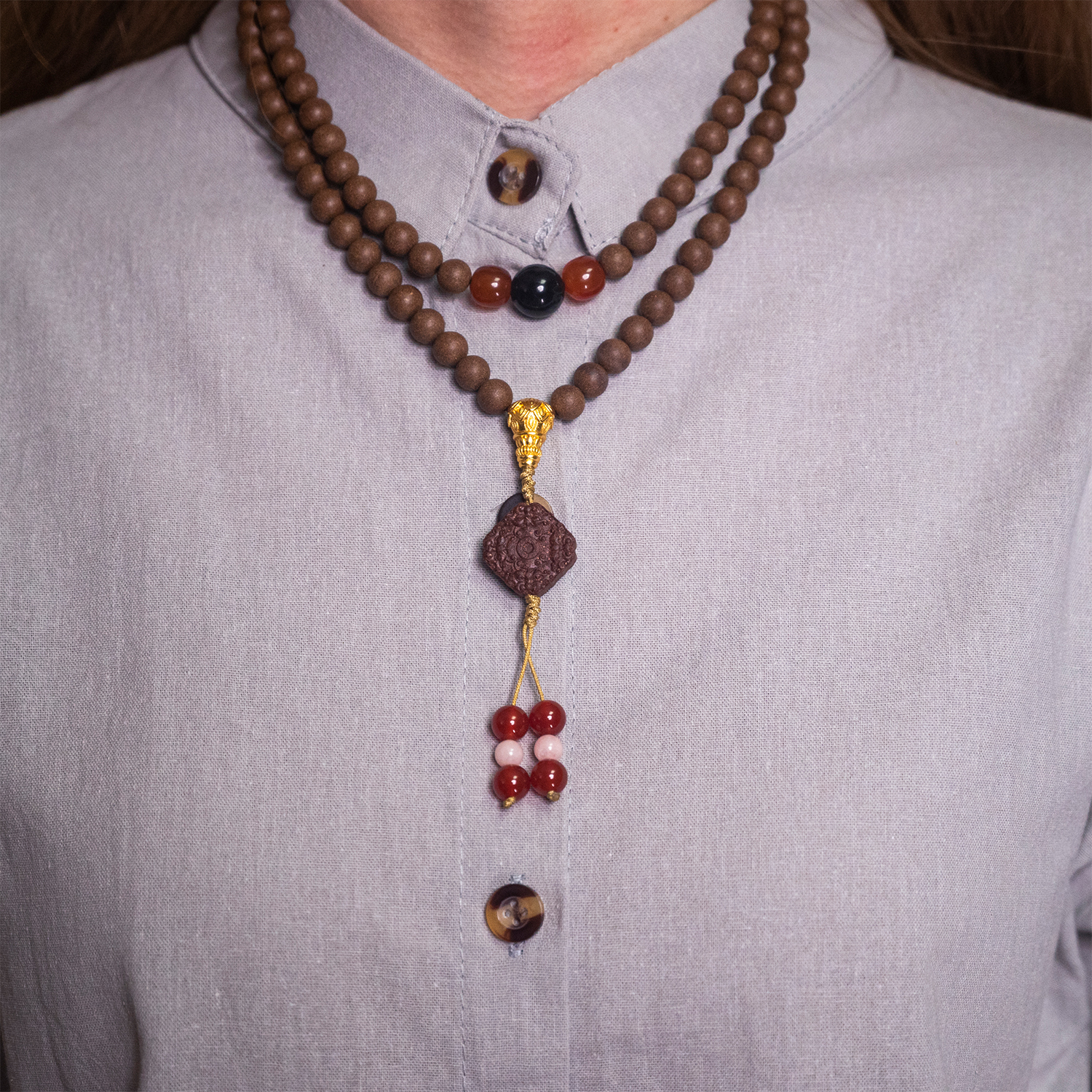 Aromatic 108-Bead Blessing Mala – Lotus Buddha Head, Incense Beads & Fortune Talisman