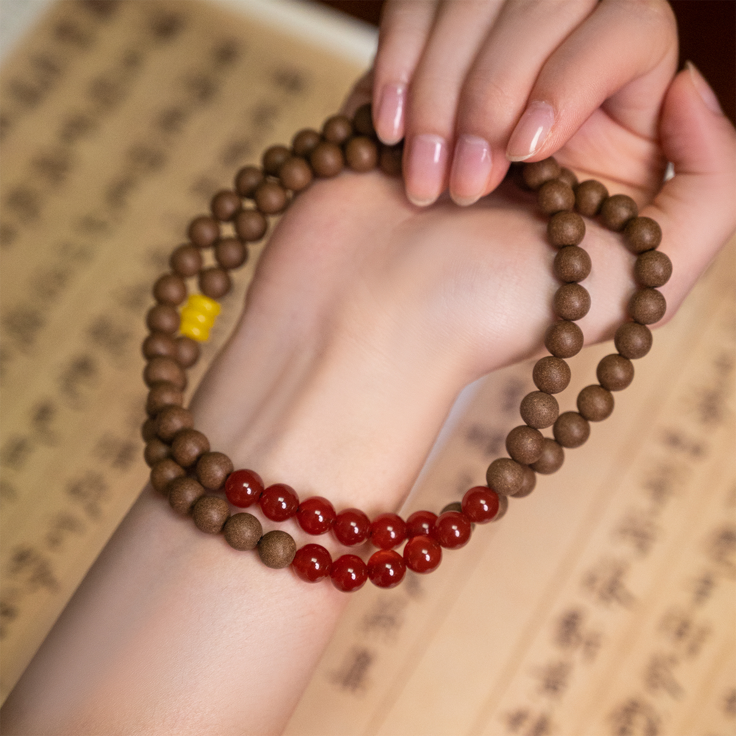 Aromatic Prosperity Triple-Wrap Bracelet – Red Agate, Green Aventurine & Amber Accents