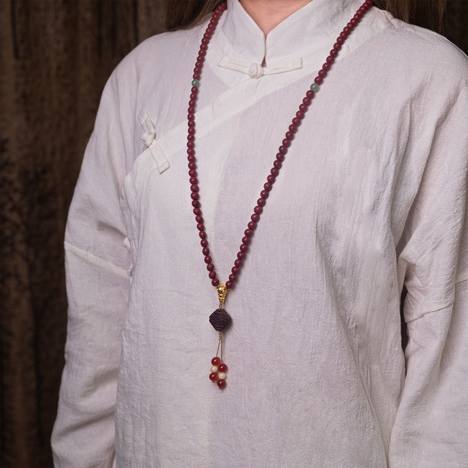 Aromatic 108-Bead Blessing Mala – Lotus Buddha Head, Incense Beads & Fortune Talisman