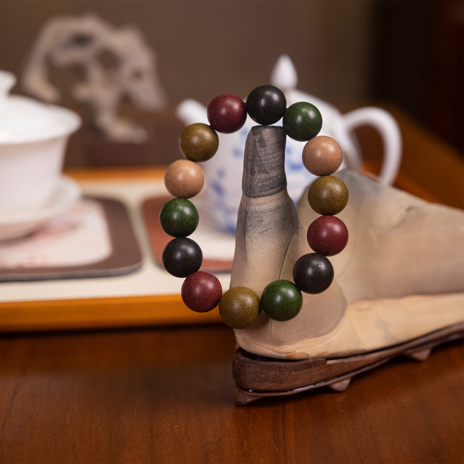 Taiji Five Elements Incense Bracelet Ebony Wood & Silver Inlay Energy Balance Bracelet