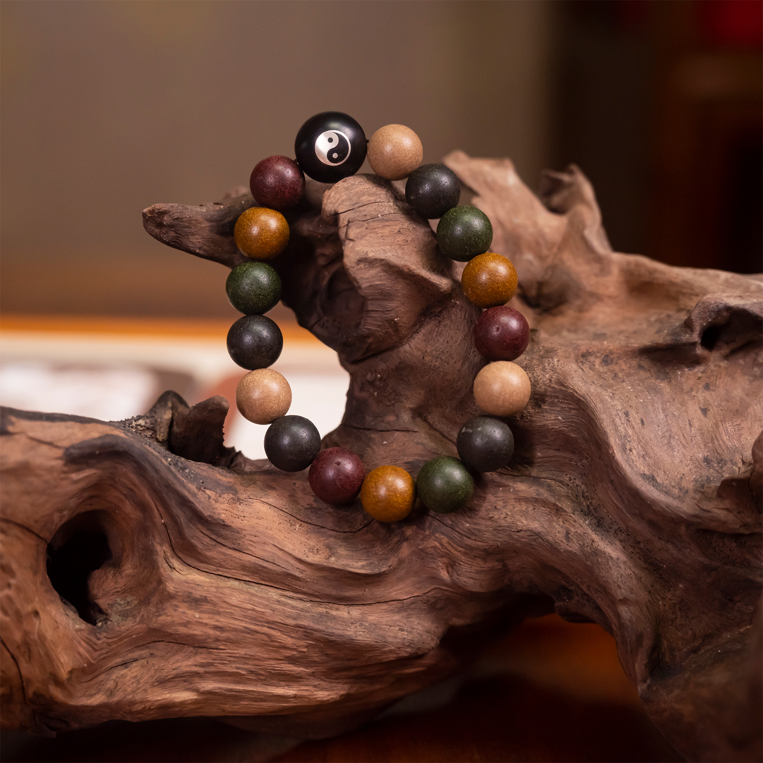 Taiji Five Elements Incense Bracelet Ebony Wood & Silver Inlay Energy Balance Bracelet