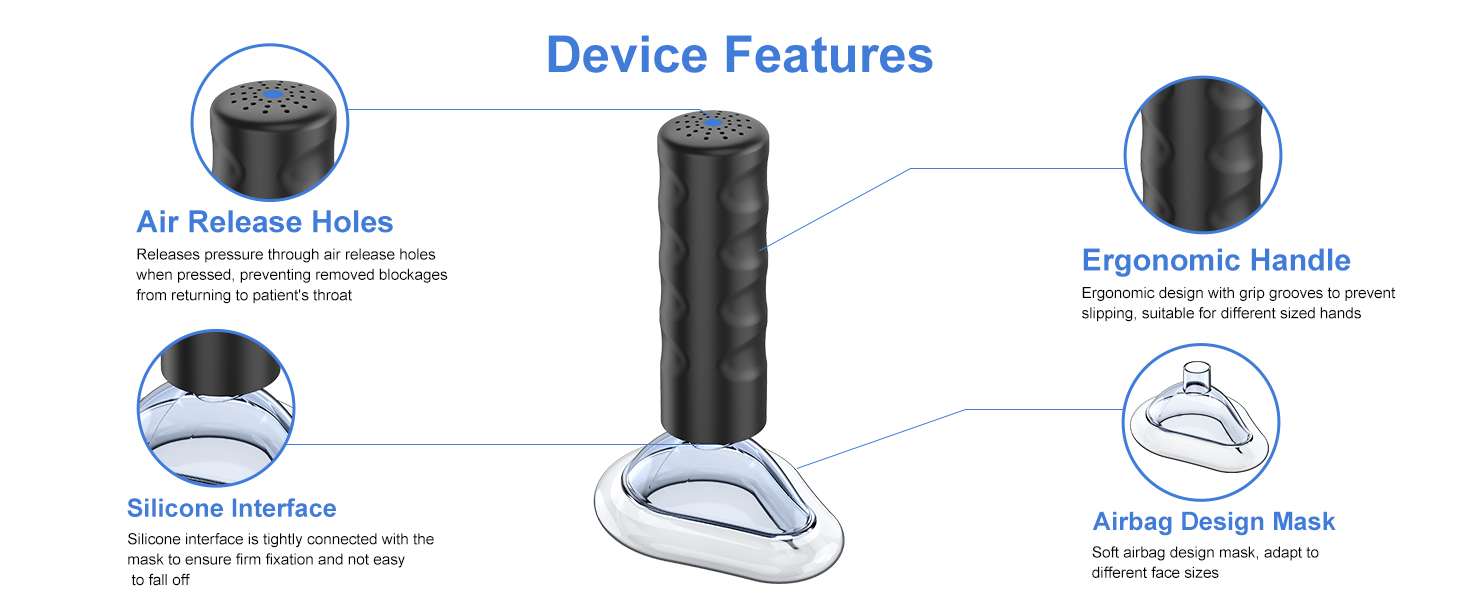 EasyPumpVac suction device for choking showing mask placement and pull action