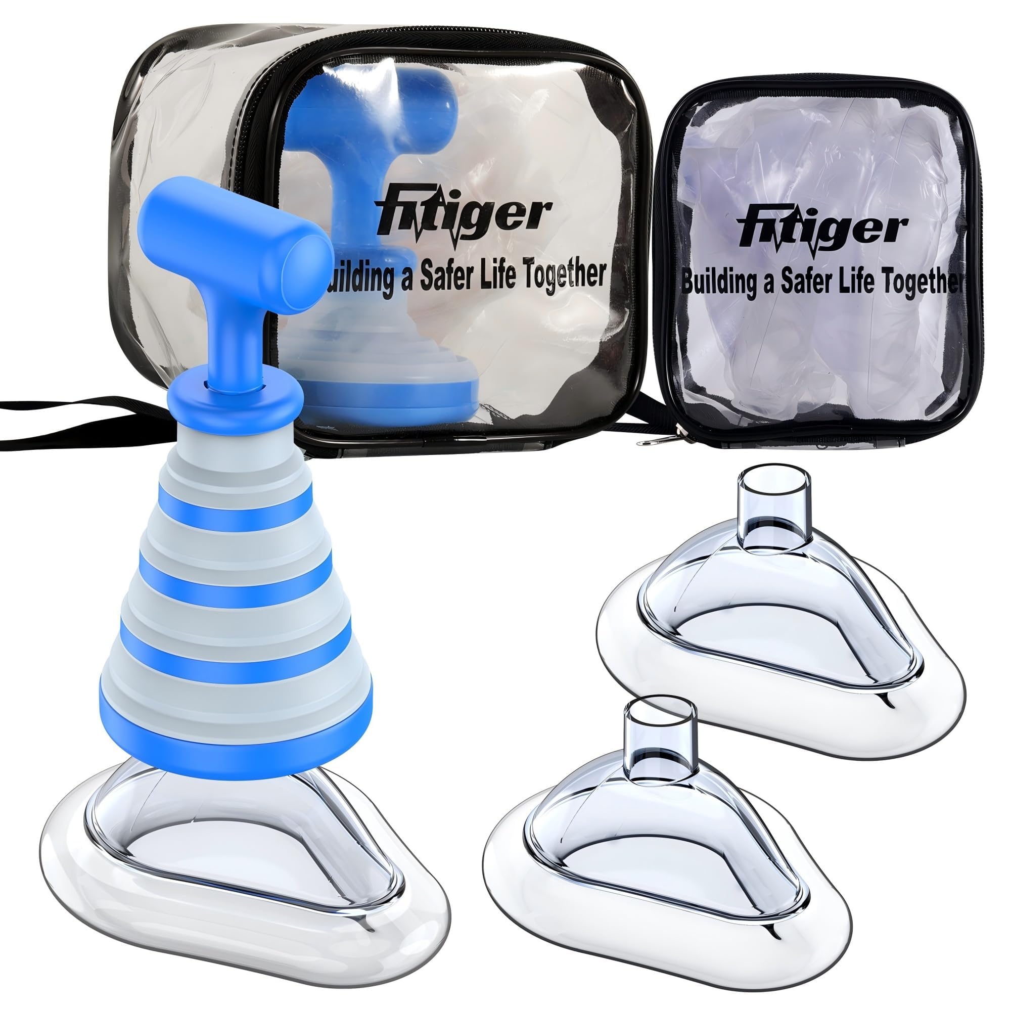 Blue Fitiger FoldPumpVac home kit with device, masks and storage bags shown on the official product page