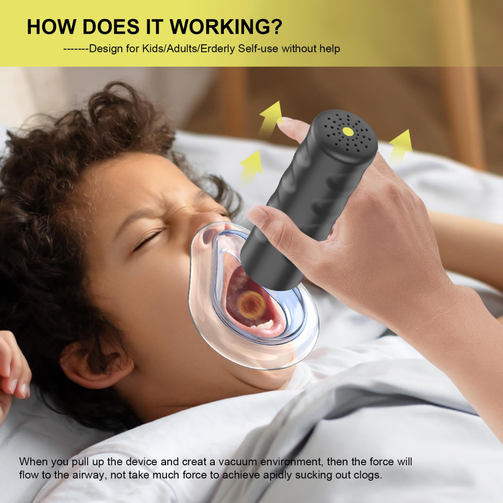 EasyPumpVac yellow anti choking device demonstration for kids adults and seniors