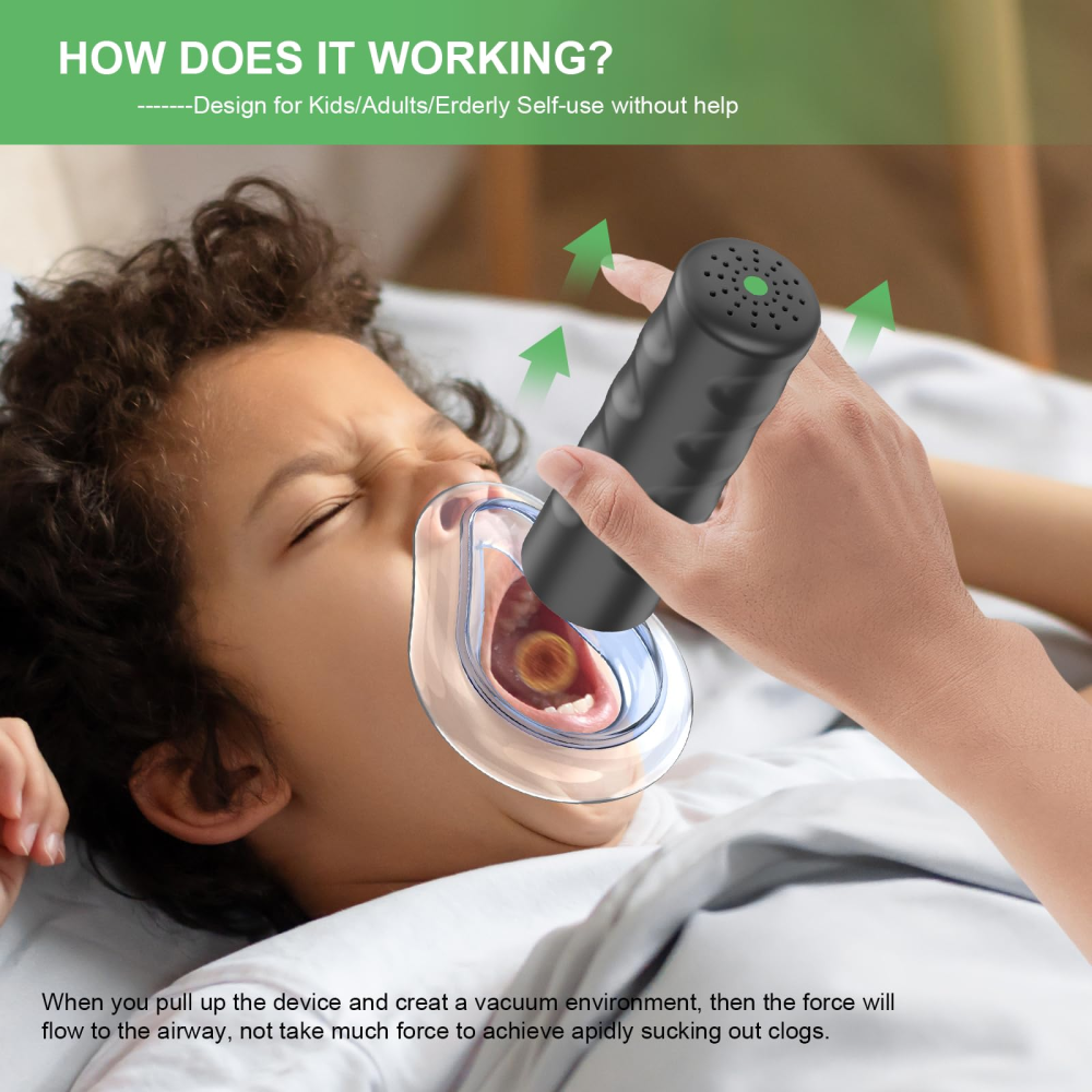 EasyPumpVac green suction device for choking showing mask placement and pull action