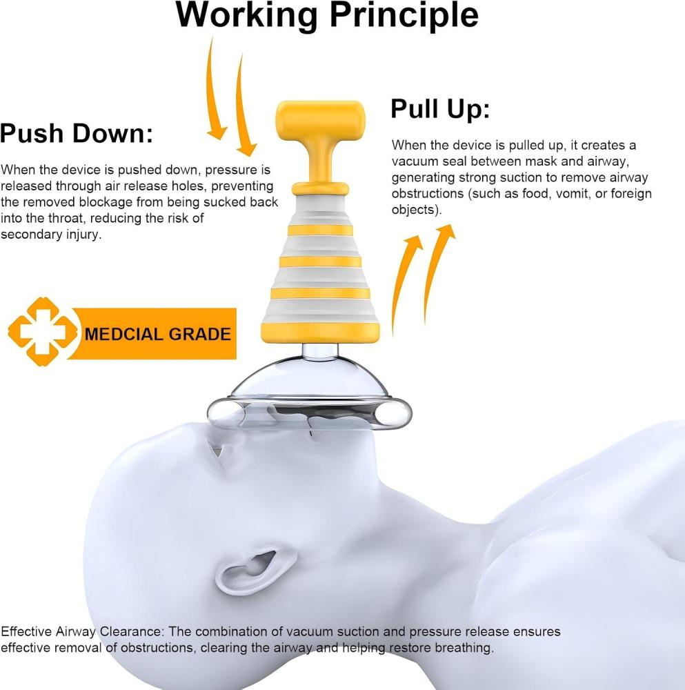 FoldPumpVac orange choking rescue device working principle with push down and pull up suction steps