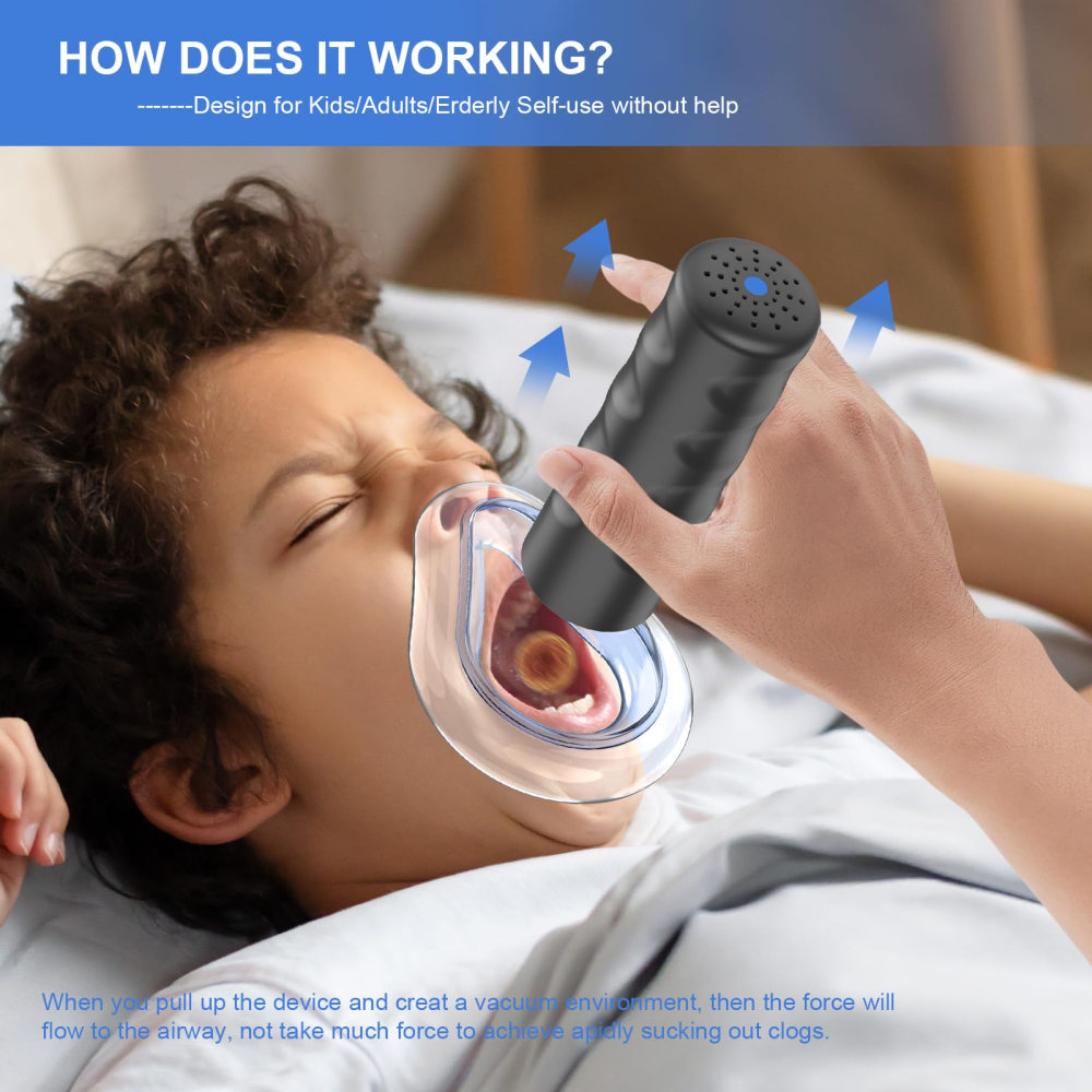 EasyPumpVac blue suction device for choking showing how the kit works