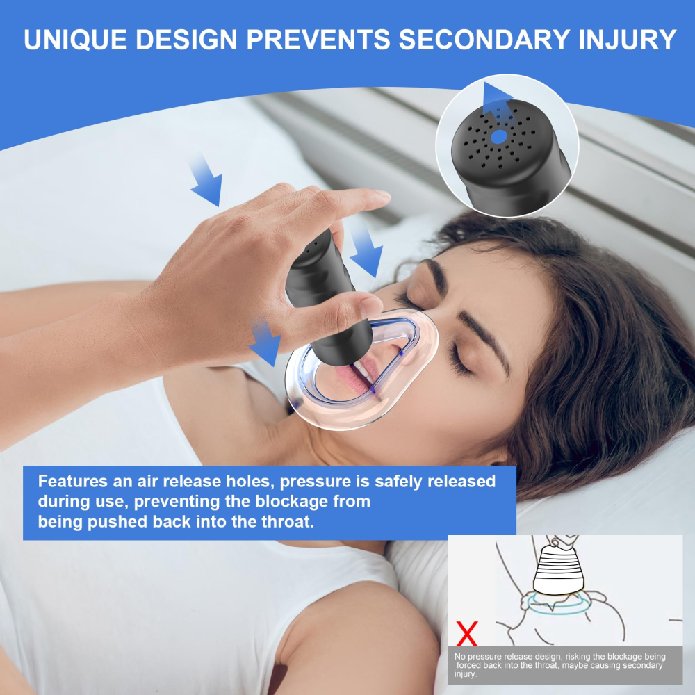 EasyPumpVac blue choking rescue device design with air release feature graphic