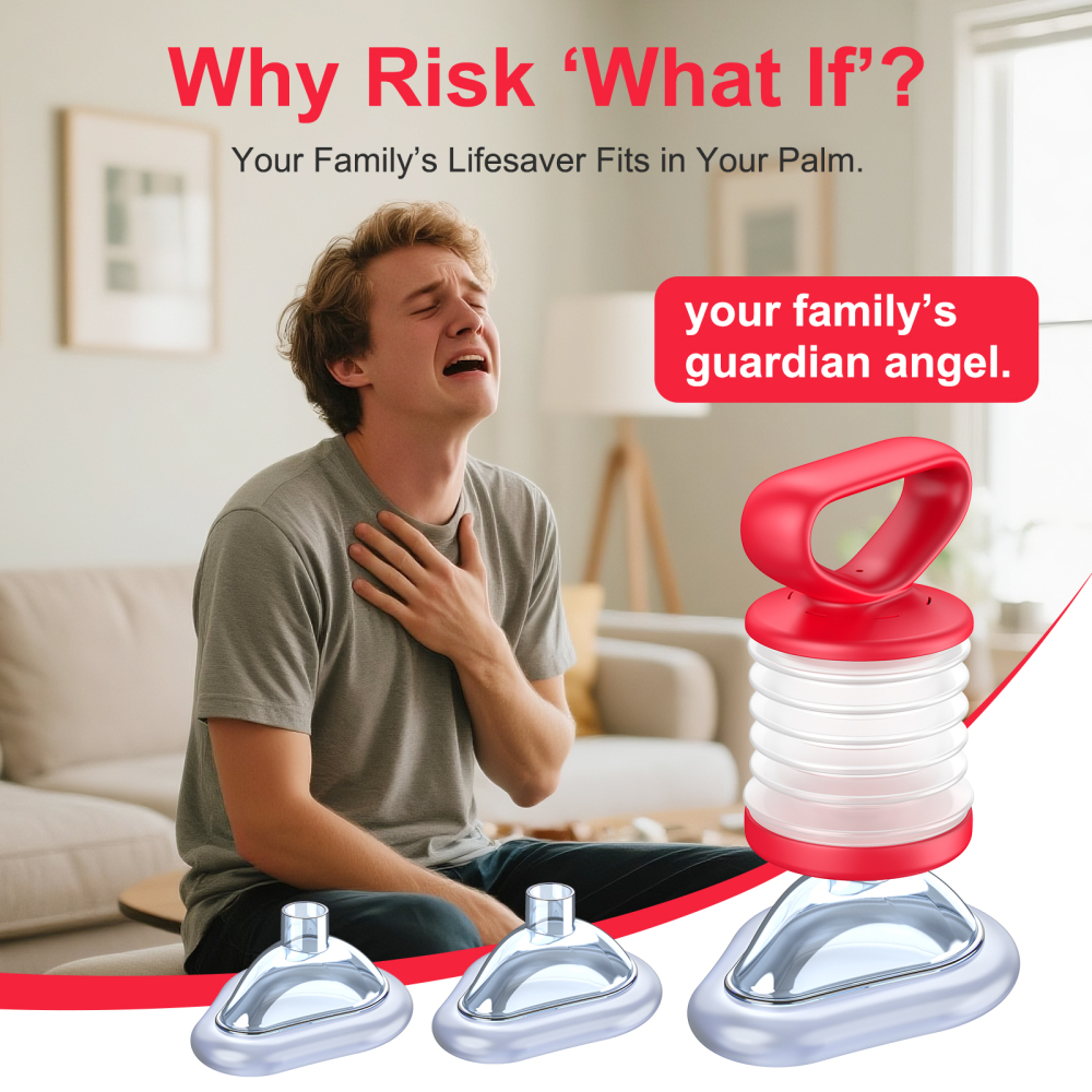 Red LifoVox suction device for choking shown in a family emergency scene