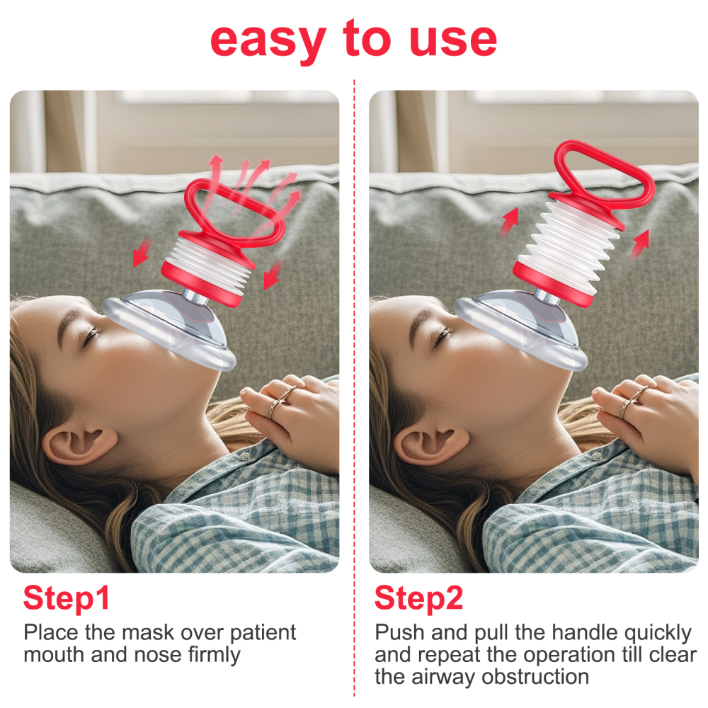 Easy to use red LifoVox choking rescue device with two step mask instructions