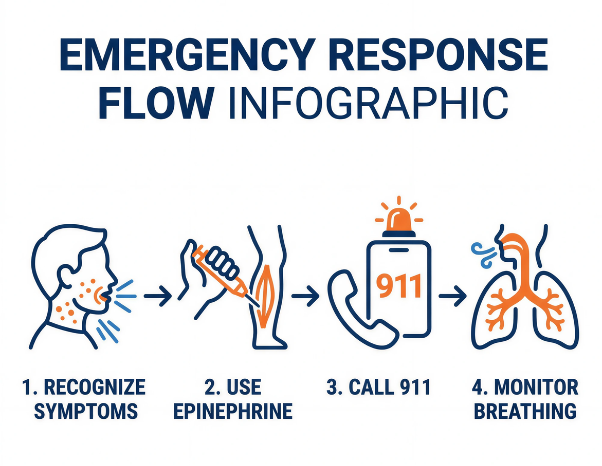 A simple emergency response flow for anaphylaxis: recognize symptoms, administer epinephrine, call 911, and monitor breathing until help arrives.