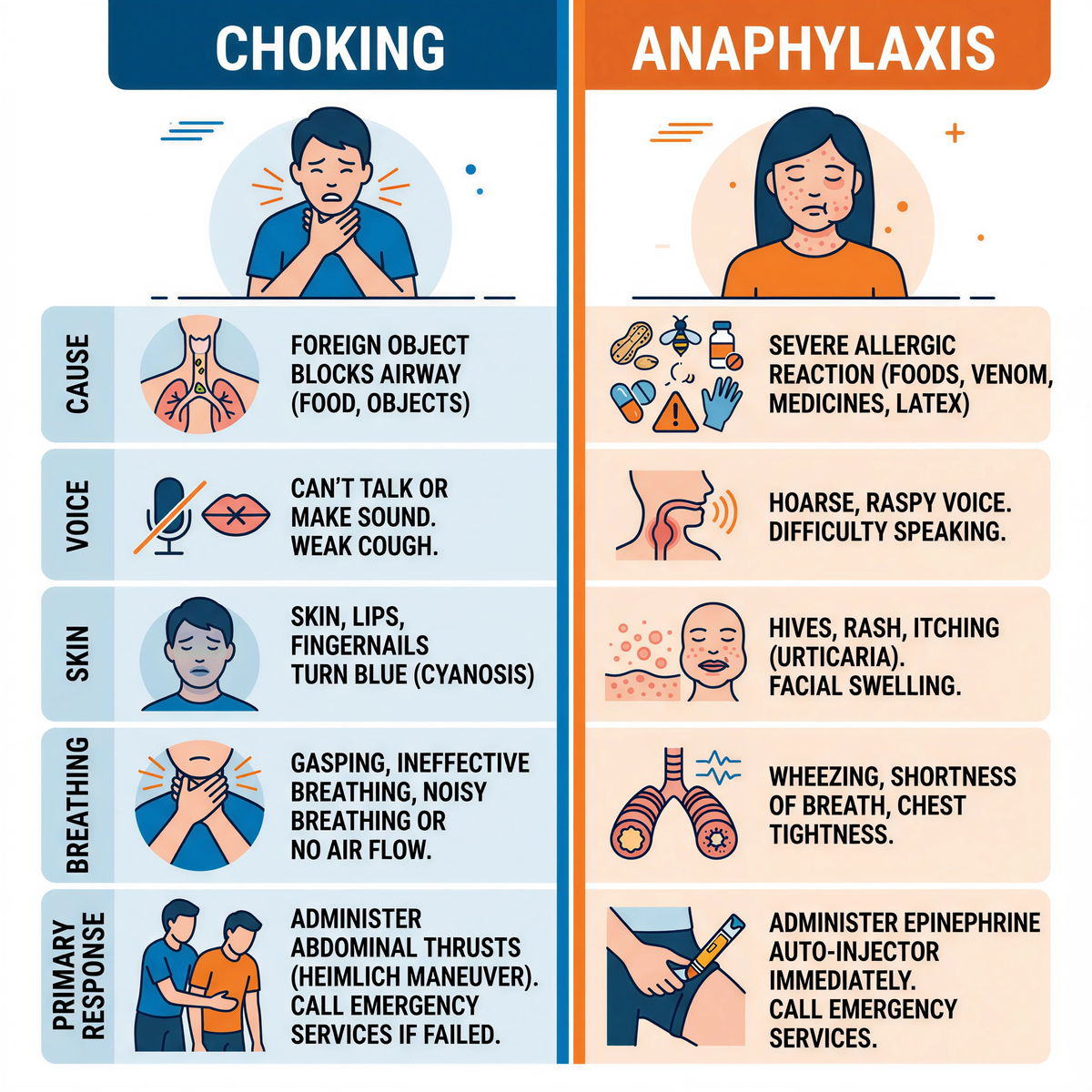 Side-by-side comparison of choking and anaphylaxis symptoms including breathing difficulty, skin reactions, voice changes, and recommended first response actions.