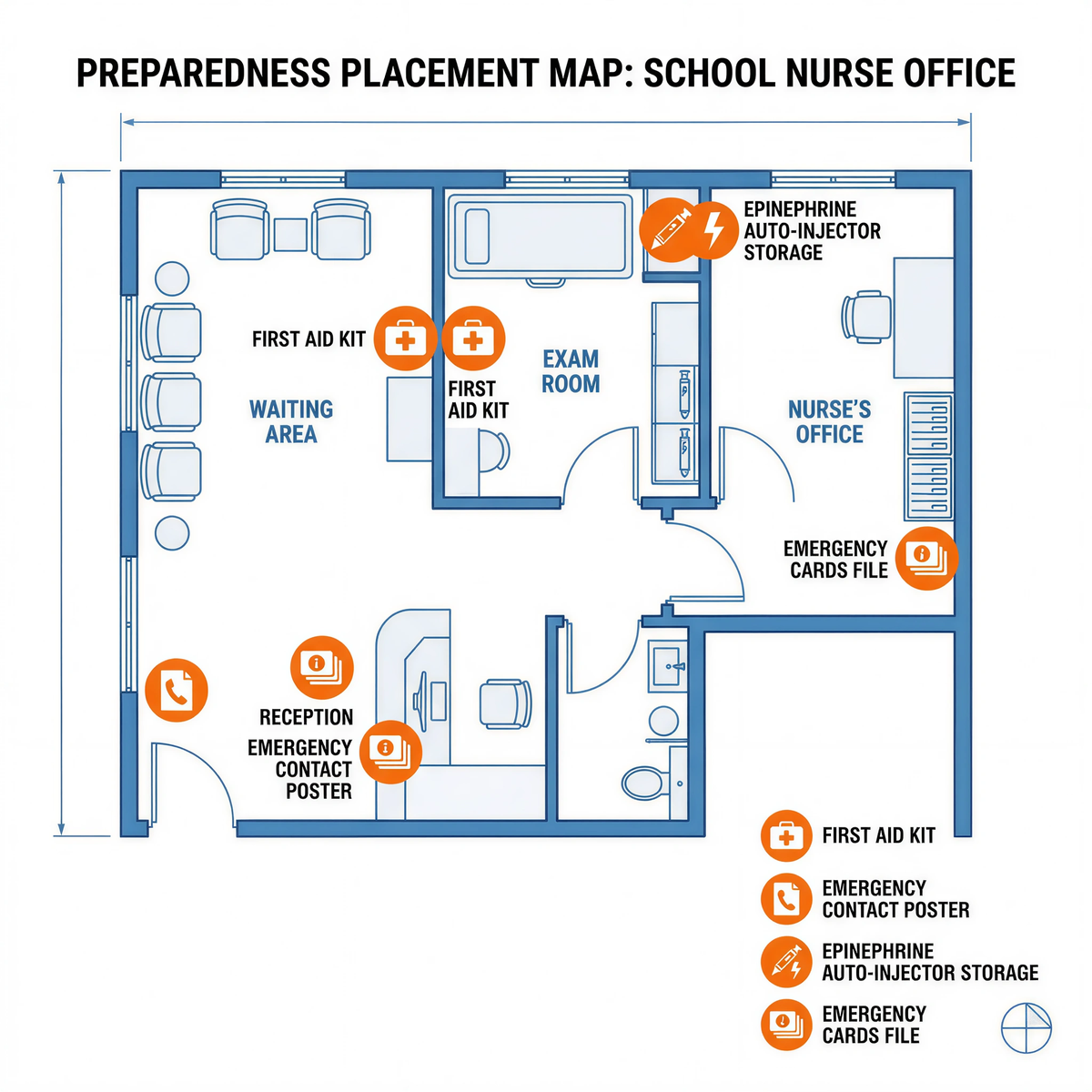 Example placement locations for emergency airway kits and safety cards in kitchens, dining areas, classrooms, and school nurse offices.