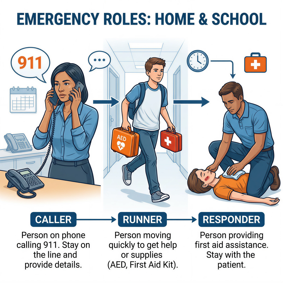 Emergency response roles showing how callers, runners, and responders coordinate during a choking or allergic reaction emergency.