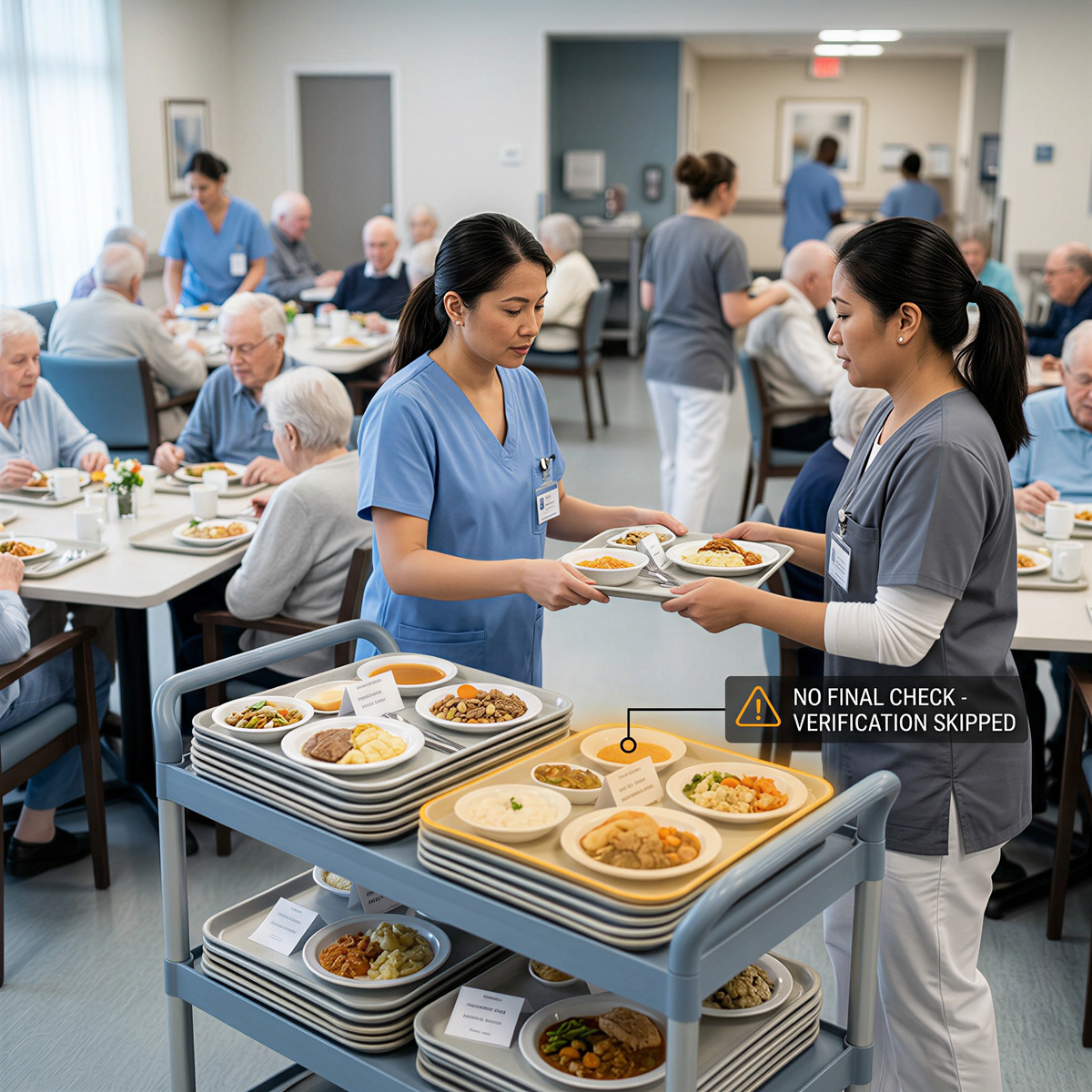 Care-home meal service drift and handoff risk in dysphagia workflows
