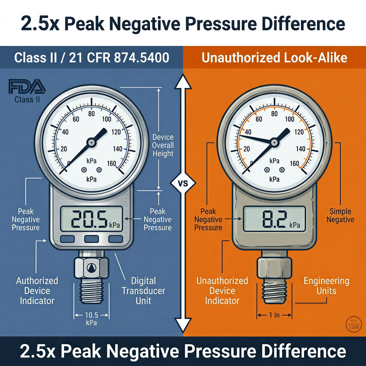 Class II versus look alike pressure gap graphic showing peak negative pressure difference