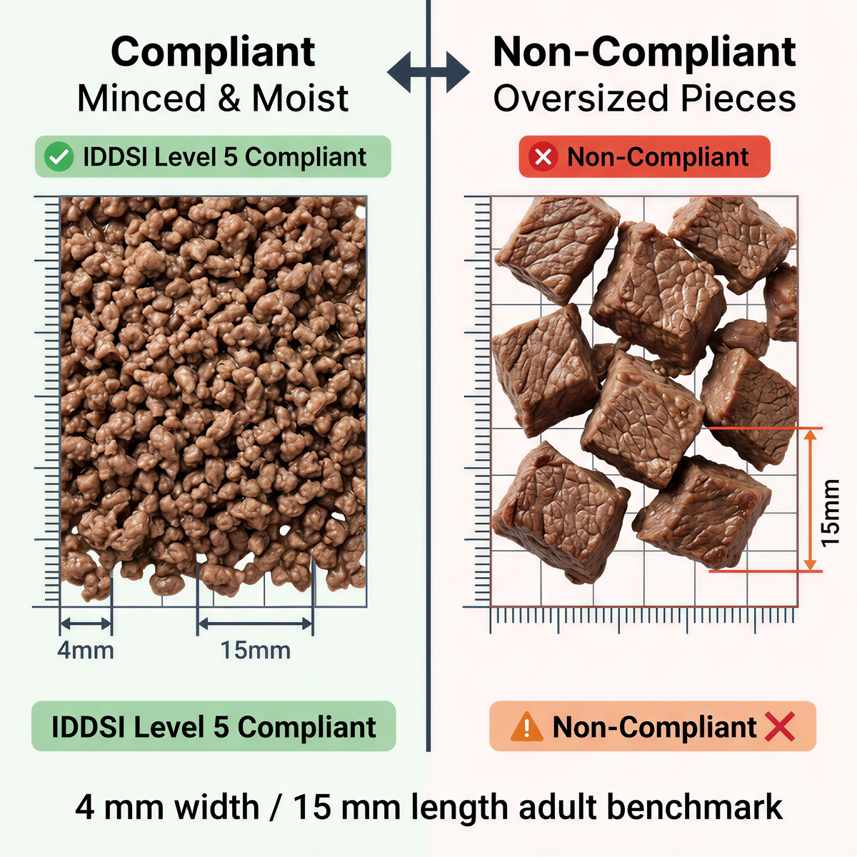 IDDSI Level 5 minced and moist particle-size comparison for adult dysphagia meals