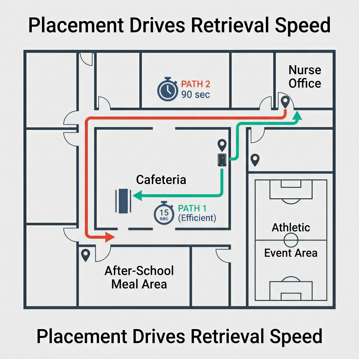 School placement map showing cafeteria nurse office and after school meal area retrieval speed paths