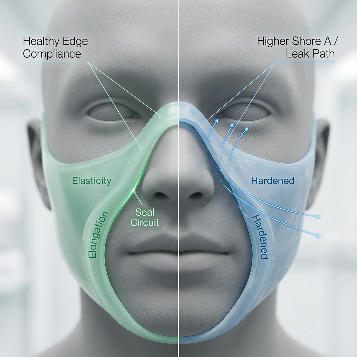 Silicone anti choking mask aging and leak path diagram