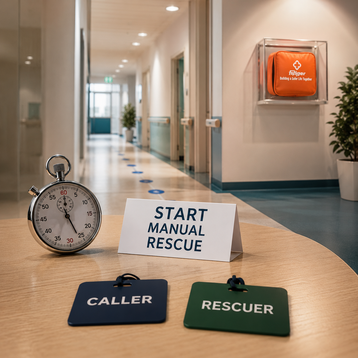 Manual rescue first card with stopwatch and Fitiger kit stored as second-line backup