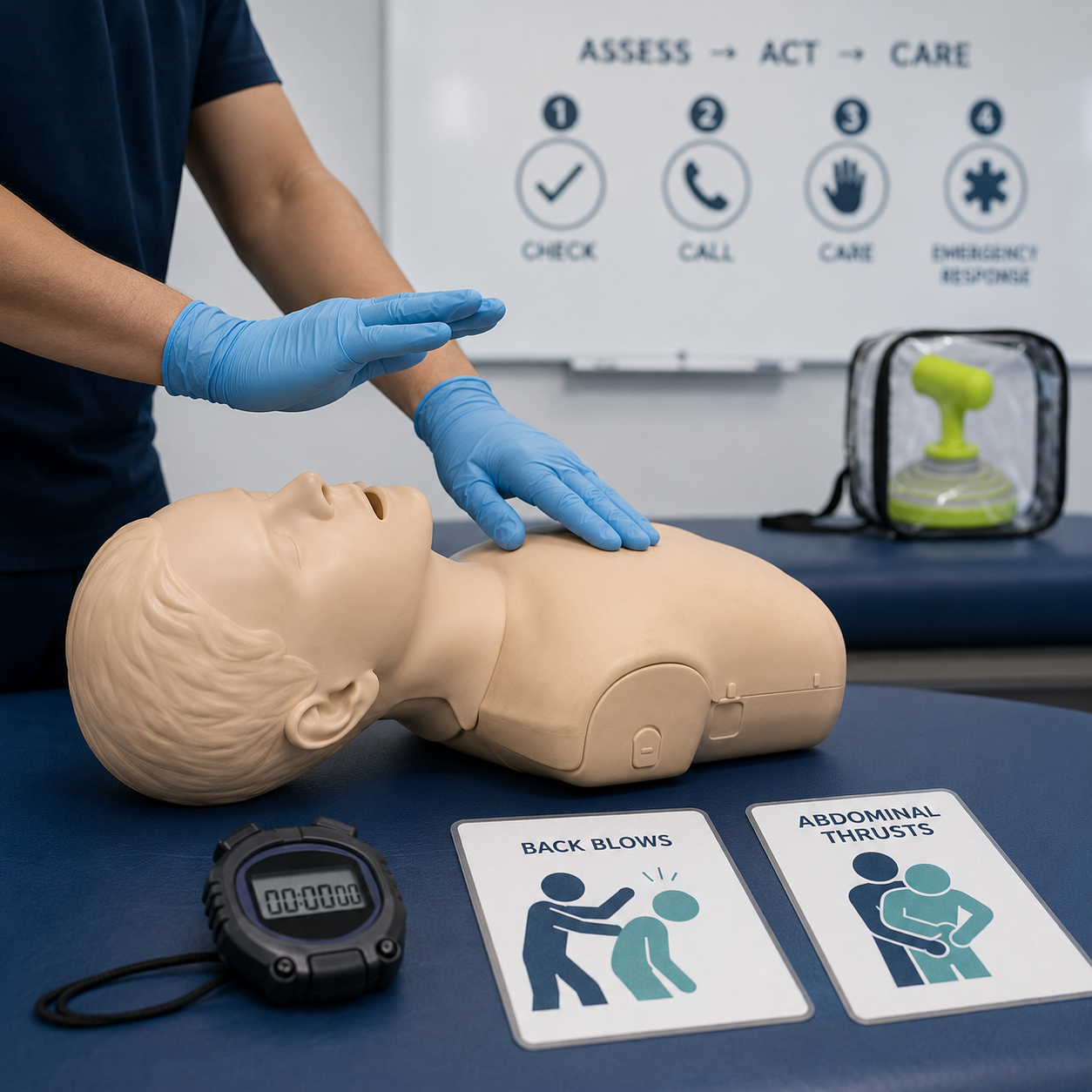 Manual choking rescue training room with back blows, abdominal thrusts, and Fitiger backup device in the background
